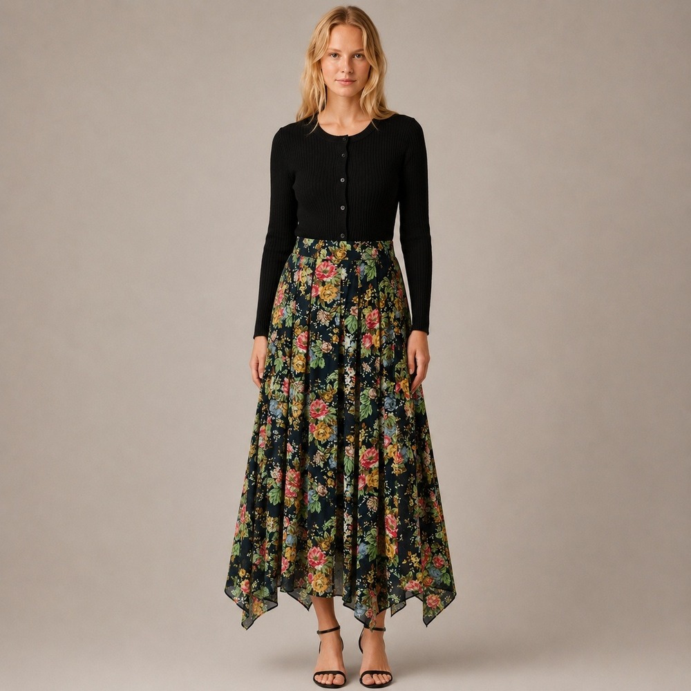 Derek Lam 10 Crosby Floral‎ Maxi Skirt Size 4 Flowy Handkerchief Hem Cottagecore